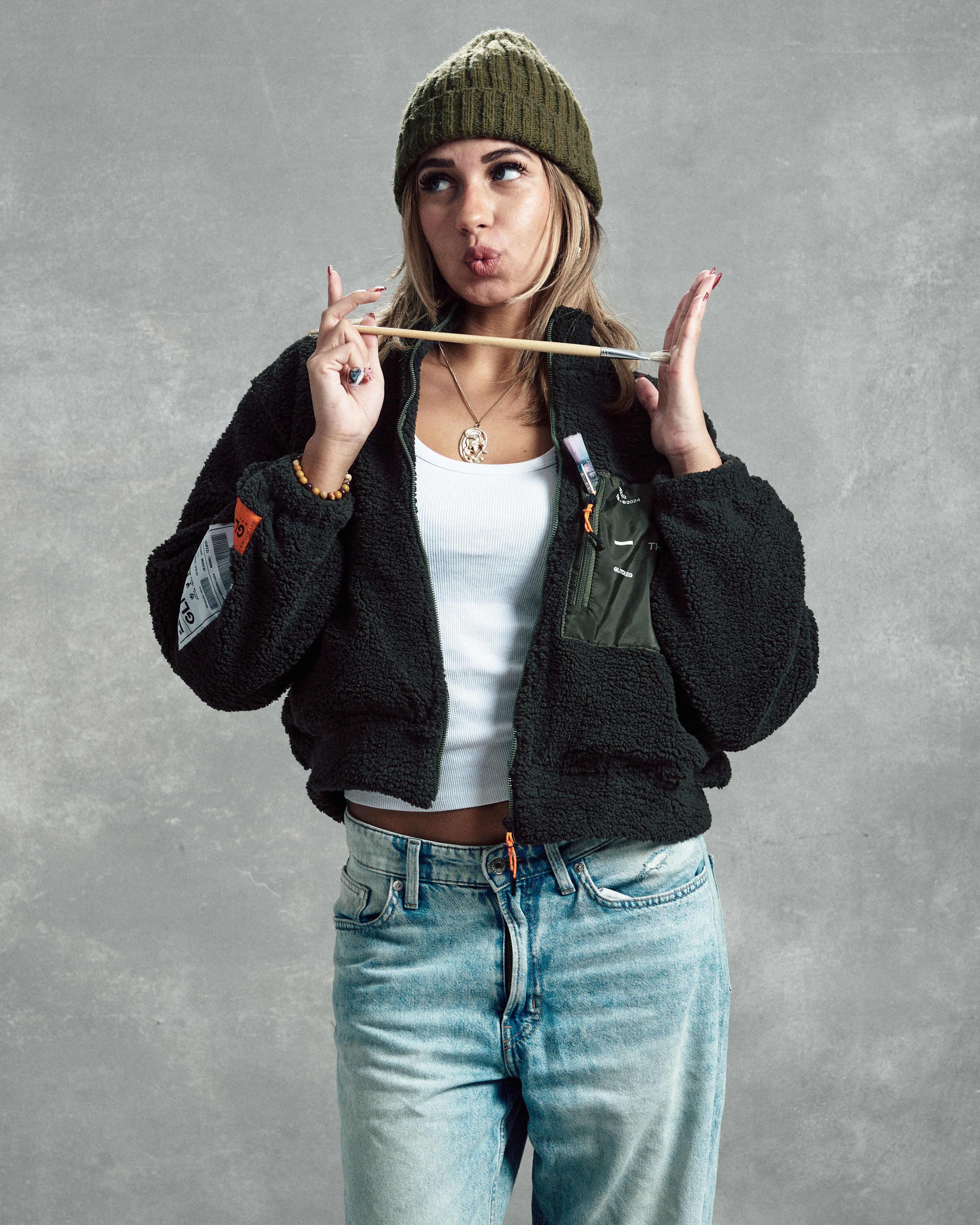 Olive Green Cropped Teddy Jacket